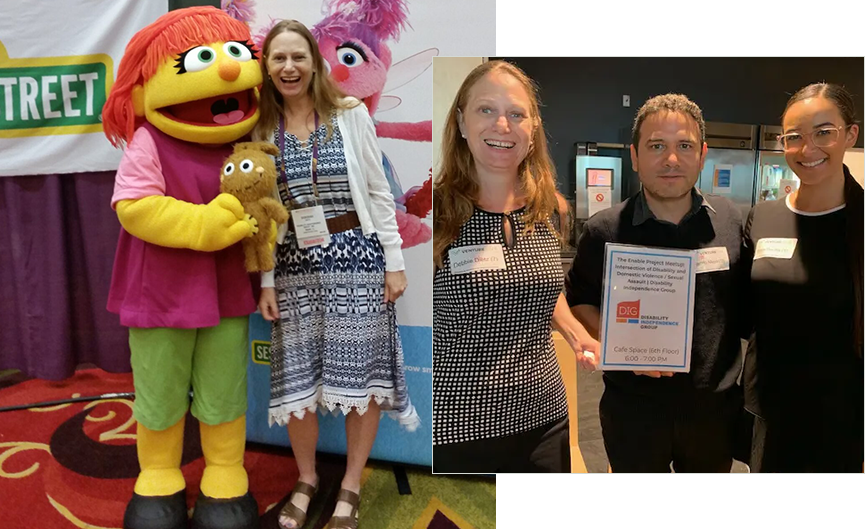 A collage of photos with people and sesame street characters.