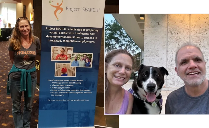 A woman and her dog are in front of the project search banner.