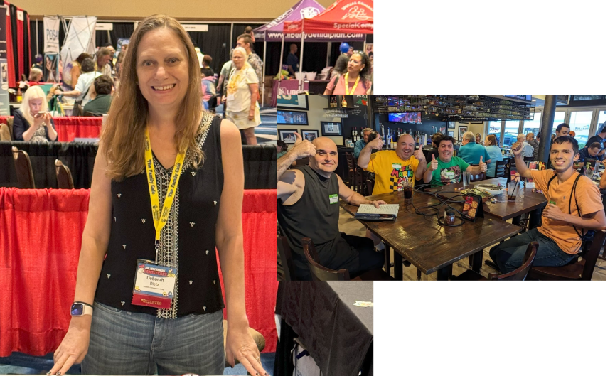 A woman standing in front of several people at tables.