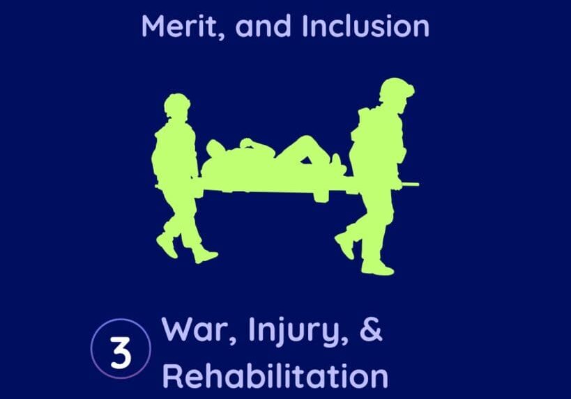 employment and disability 3 - War, Injury, & Rehabilitation with an image of two soldiers carrying an injured soldier
